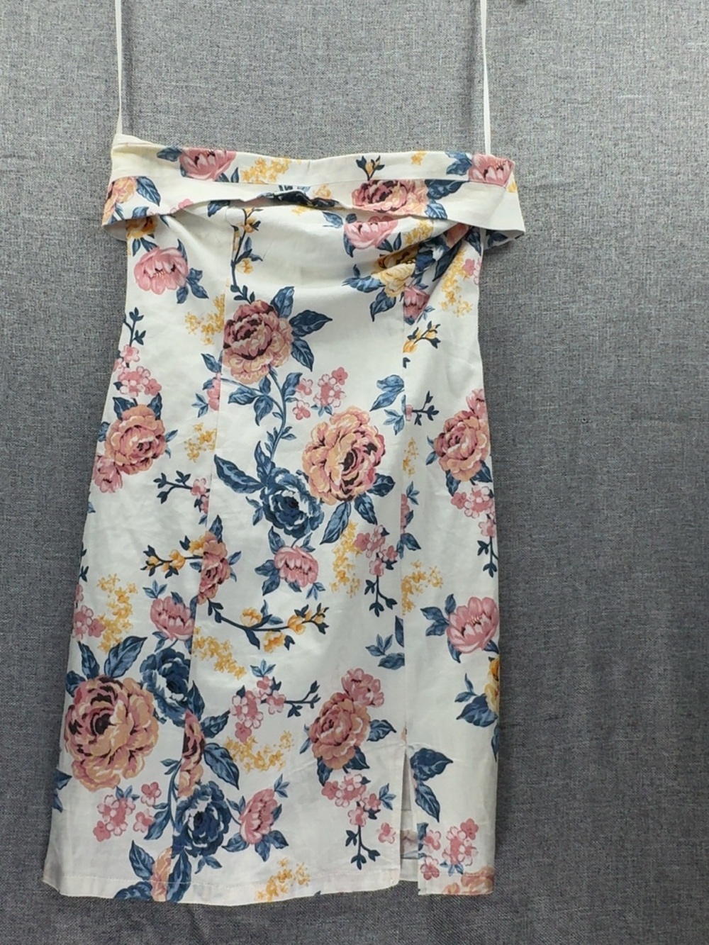Off-Shoulder White Midi Dress with Pink & Blue Floral Print